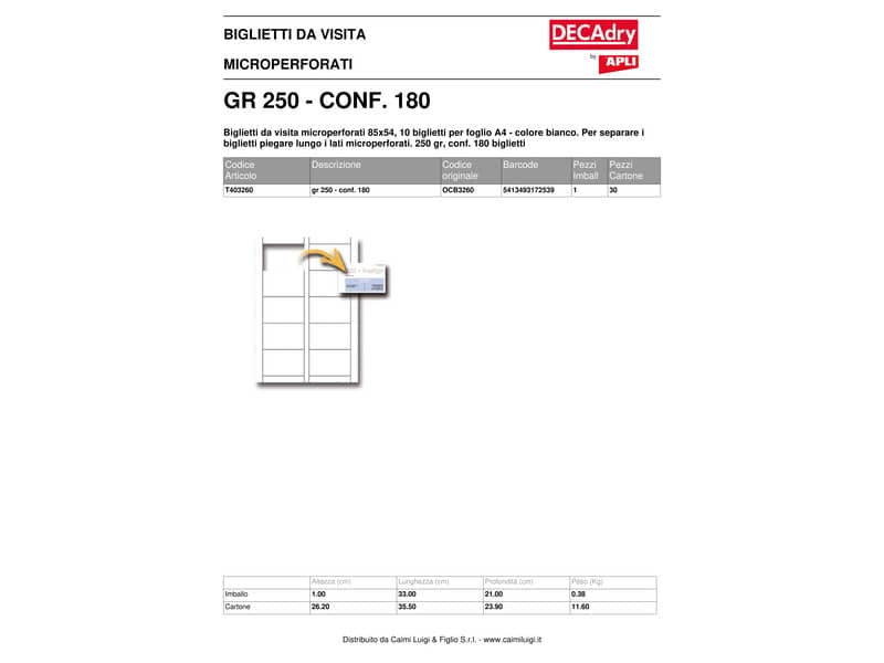 Biglietti da visita Decadry microperforati 85x54 mm. Fogli A4 bianco Conf. 180 biglietti - T403260