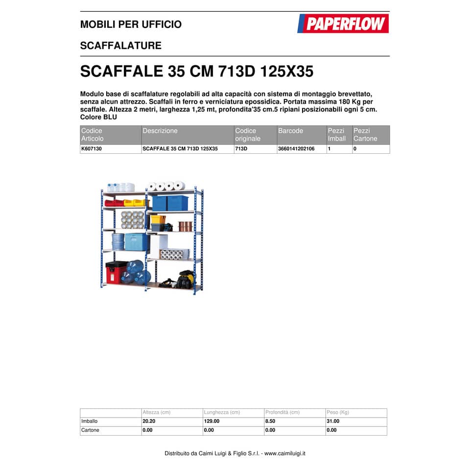Scaffalatura metallica Paperflow Rang'Eco ad incastro 5 ripiani modulo base blu - K607130
