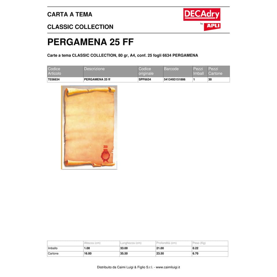 Carta pergamenata Decadry a tema Classic Collection A4 con sigillo avorio 80 g/m² Conf. 25 fogli - T036634