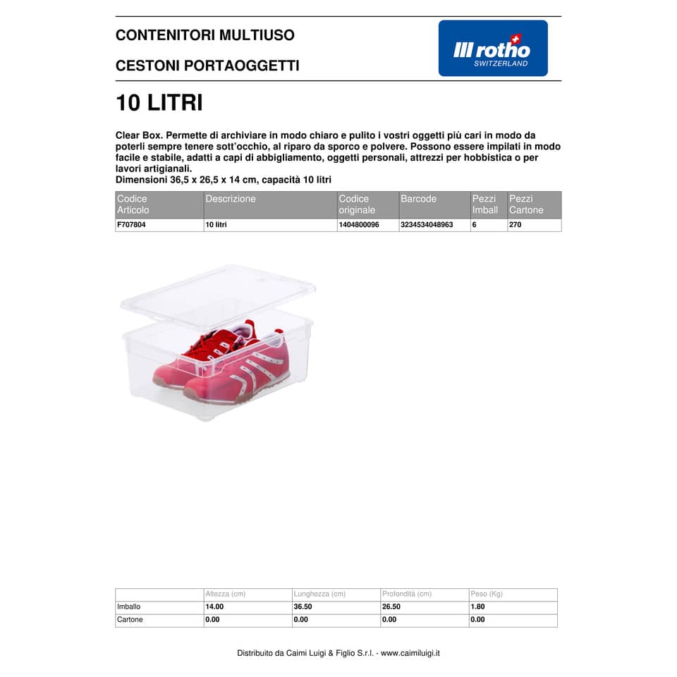 Contenitore Rotho Clear Box in PPL 10 L impilabile 36x26x14 cm trasparente F707804