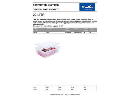 Contenitore Rotho Clear Box in PPL 22 L impilabile 54x37x15 cm. trasparente F707806