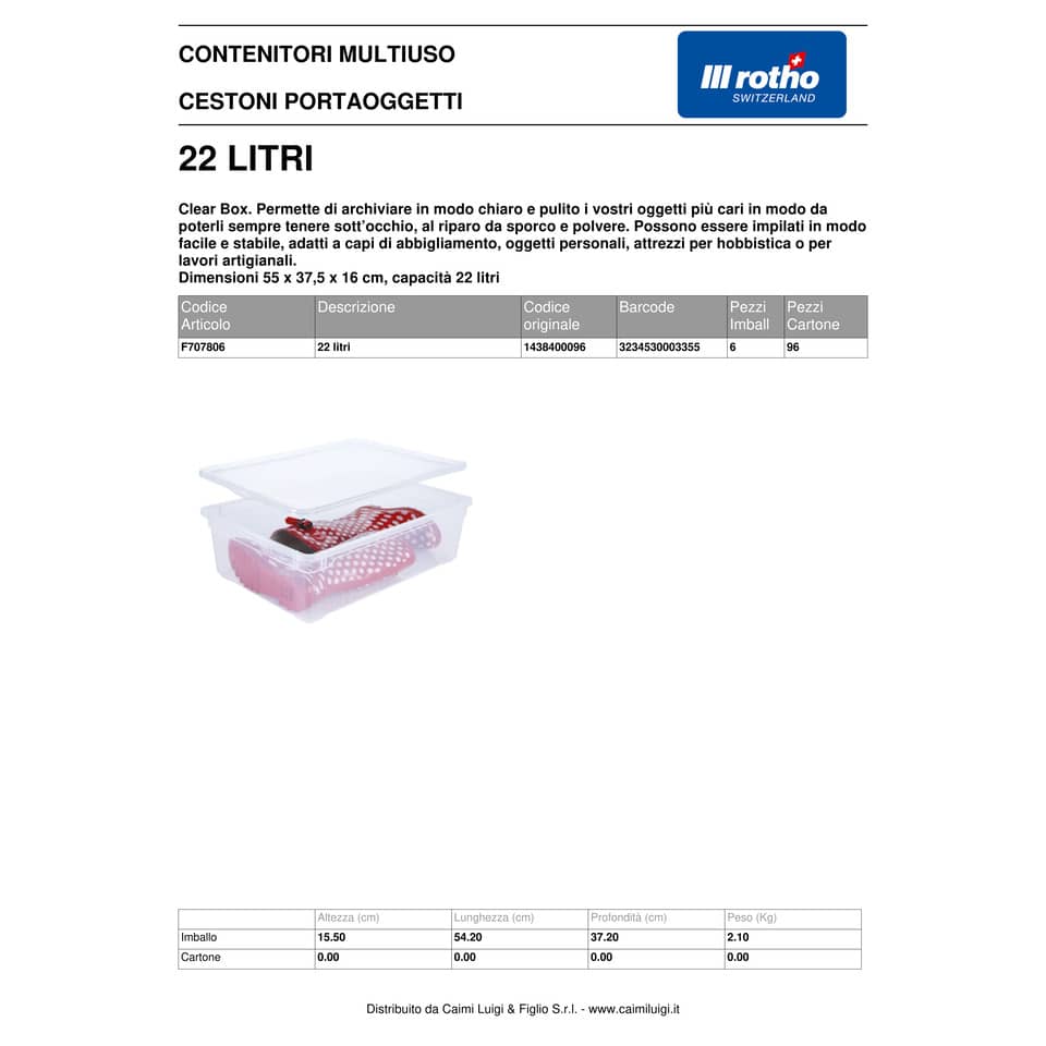 Contenitore Rotho Clear Box in PPL 22 L impilabile 54x37x15 cm. trasparente F707806