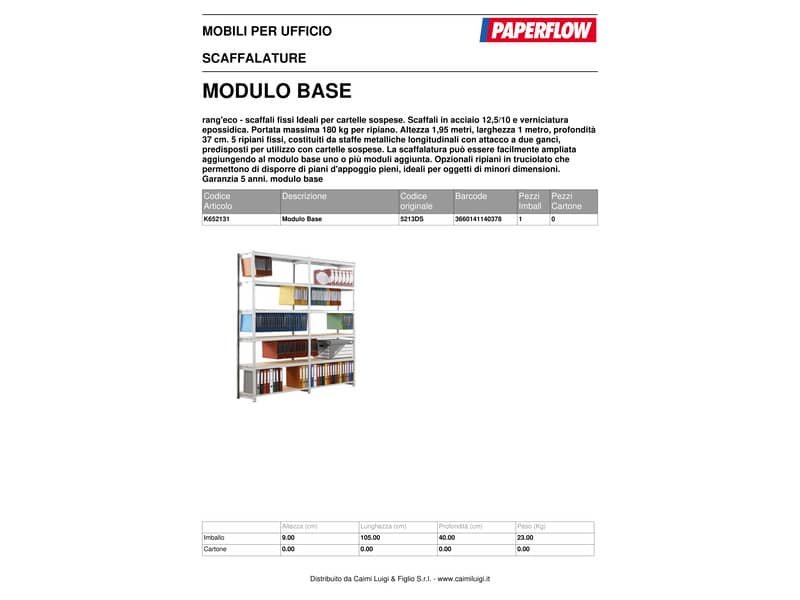 Scaffalatura metall. Paperflow Rang'Eco ad incastro 5 ripiani per cartelle sospese modulo base grigio - K652131