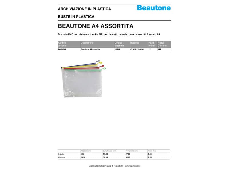 Busta in PVC Beautone trasparente con chiusura zip colorata 32,5x24 cm assortiti - D066099