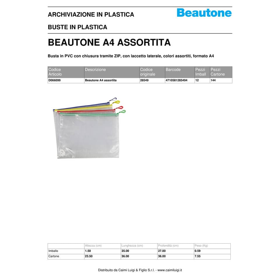 Busta in PVC Beautone trasparente con chiusura zip colorata 32,5x24 cm assortiti - D066099