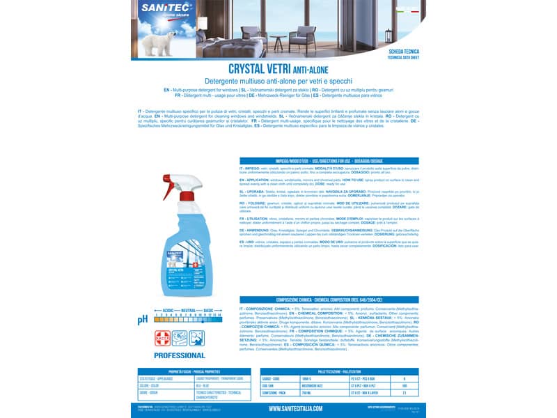 Detergente multiuso per vetri e specchi SANITEC Crystal 750 ml 1866-S