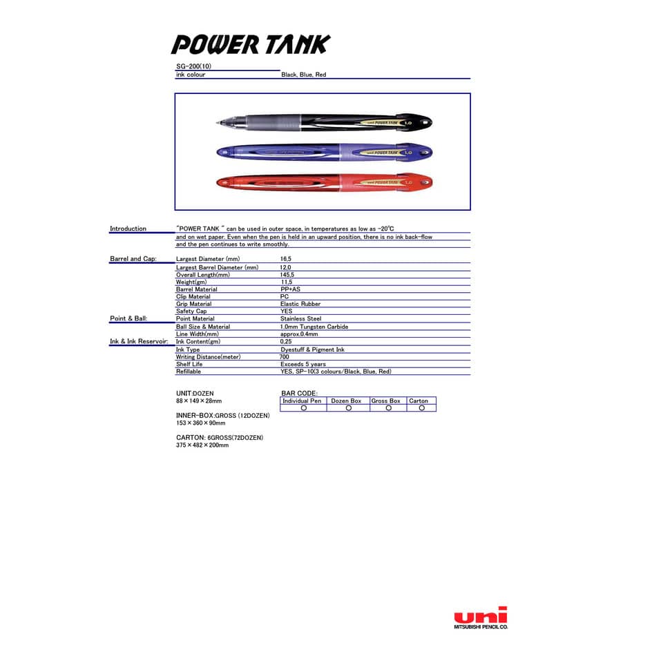 Penne a sfera con cappuccio Uni-Ball Power Tank - 1 mm. blu M SG200/1 B