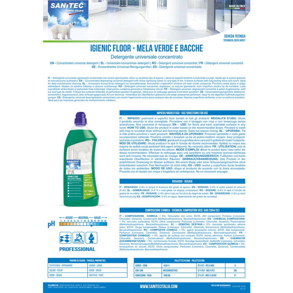 Detergente concentrato per pavimenti SANITEC Igenic Floor mela verde e bacche 1 L - 1434-S