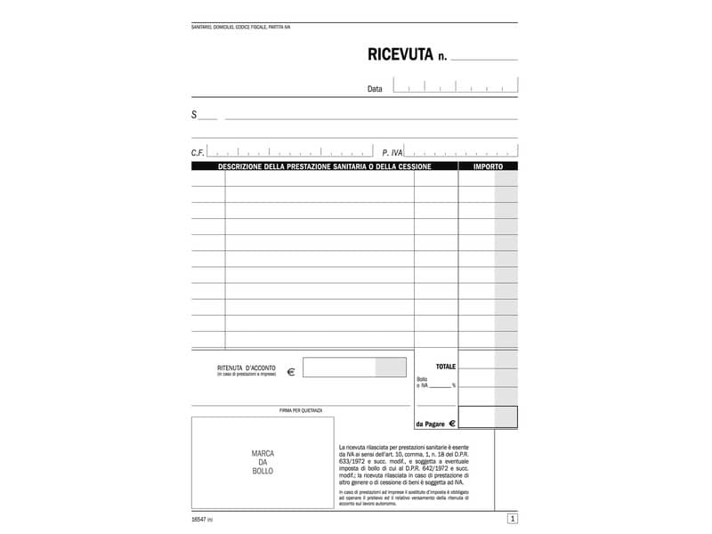 Blocco ricevute sanitarie registro degli onorari Data Ufficio 21,5x14,8 cm 50x2 copie autoricalcanti - DU165470000