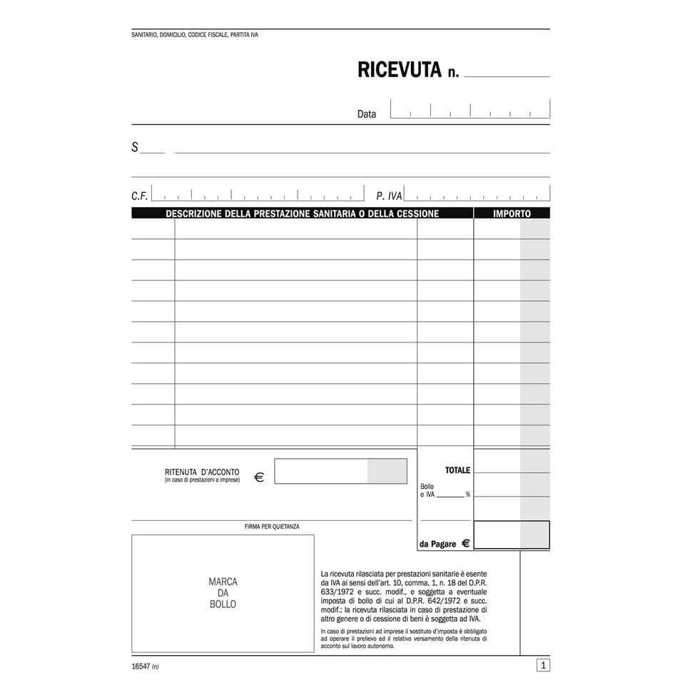 Blocco ricevute sanitarie registro degli onorari Data Ufficio 21,5x14,8 cm 50x2 copie autoricalcanti - DU165470000