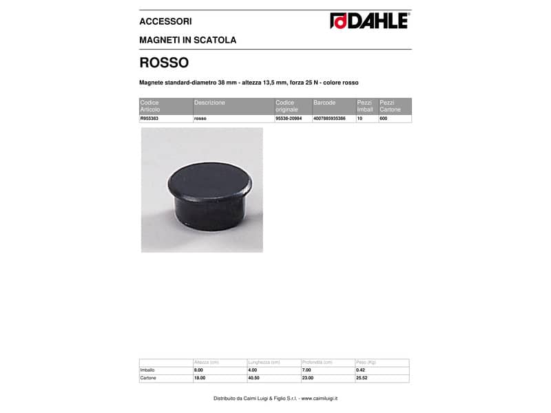 Magneti Dahle rotondi Ø 38 mm rosso altezza 13,5 mm - forza 25 N - conf. 10 pezzi - R955383x10