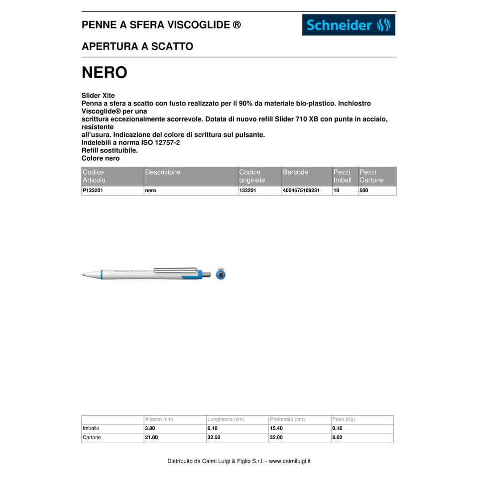 Penna a sfera a scatto Schneider Slider Xite ricaricabile nero 133201