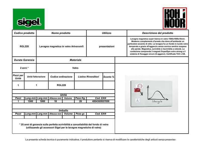 Lavagna magnetica in vetro Artverum SIGEL 150x100x1,8 cm bianco RGL220