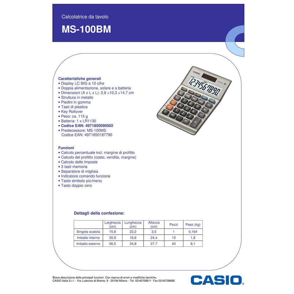 Calcolatrice da tavolo CASIO solare o batteria display 10 cifre argento - MS-100BM