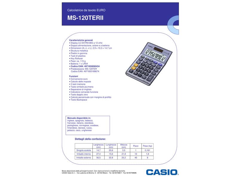 Calcolatrici da tavolo CASIO Extra Big LC solare e batteria display 12 cifre blu - MS-120TER II