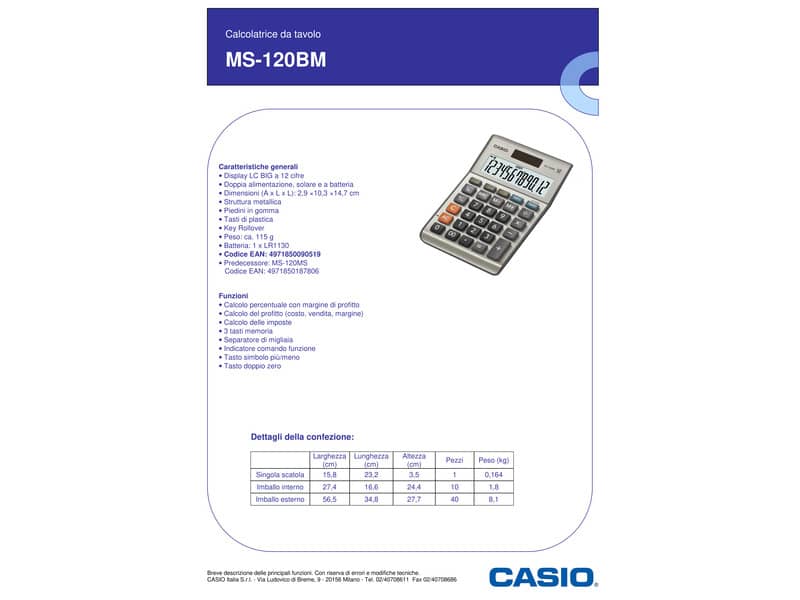 Calcolatrice da tavolo CASIO solare o batteria display 12 cifre argento - MS-120BM