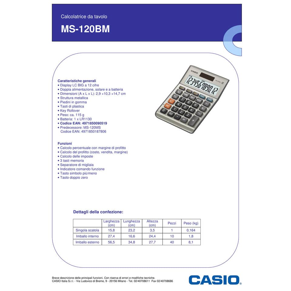 Calcolatrice da tavolo CASIO solare o batteria display 12 cifre argento - MS-120BM