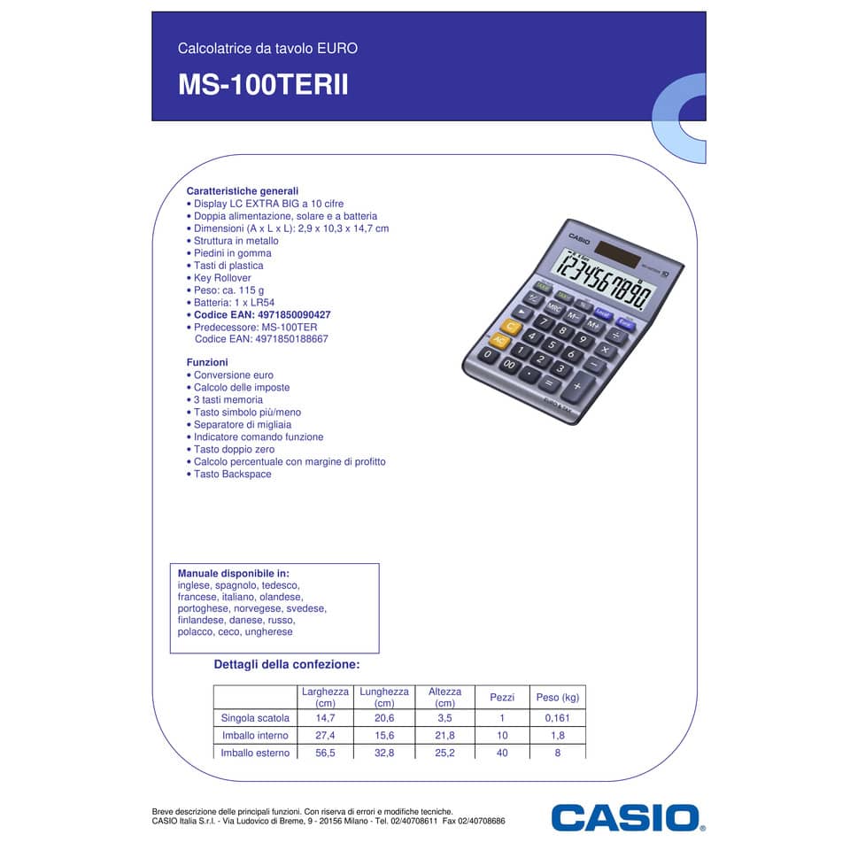 Calcolatrici da tavolo CASIO Extra Big LC solare e batteria display 10 cifre blu - MS-100TER II