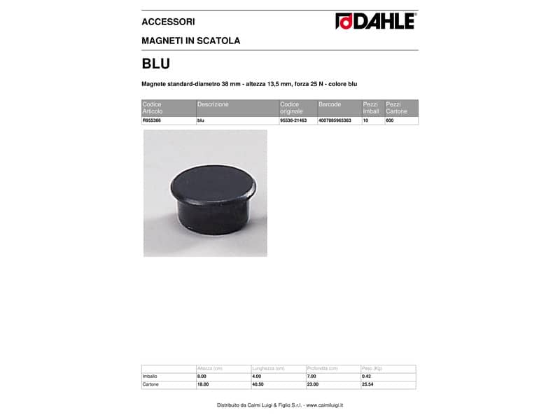 Magneti Dahle rotondi Ø 38 mm blu altezza 13,5 mm - forza 25 N - conf. 10 pezzi - R955386x10