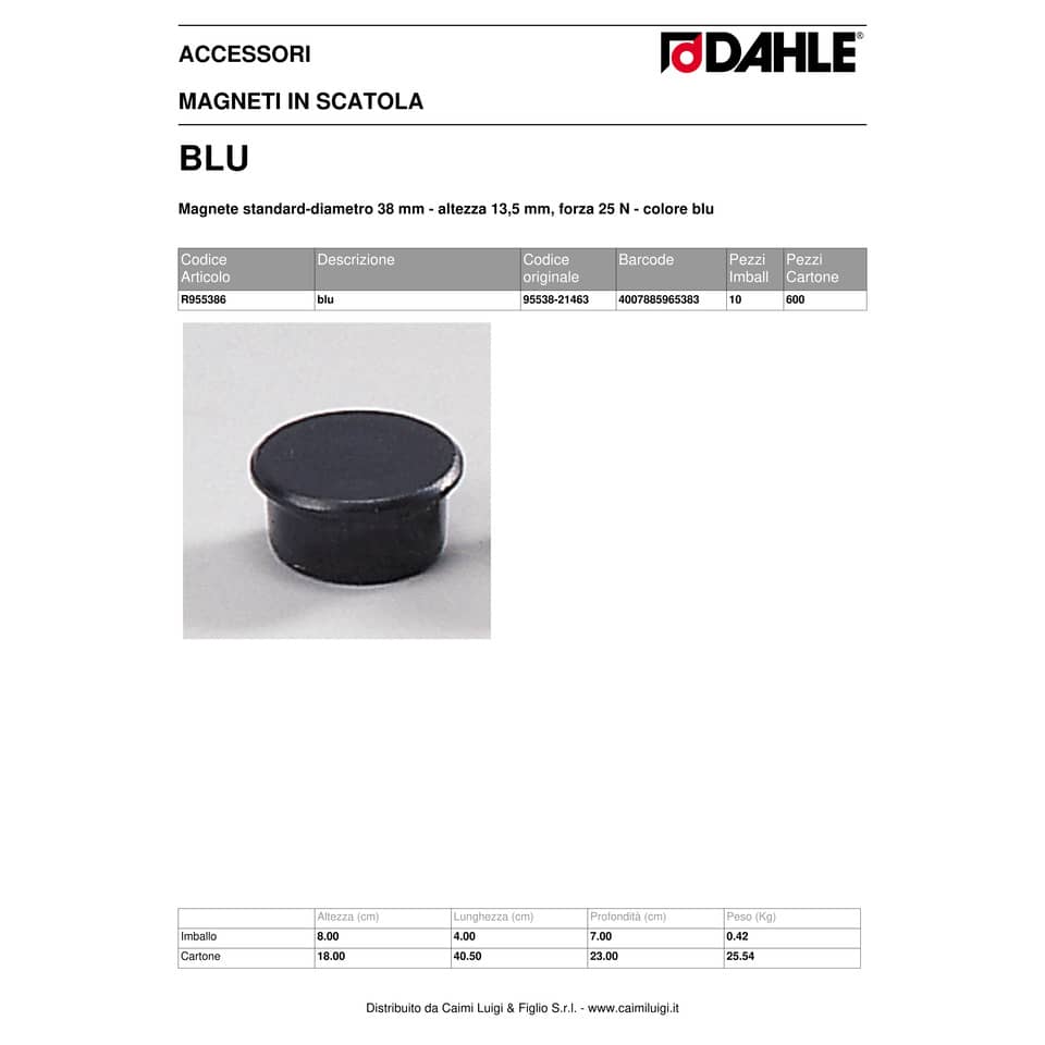 Magneti Dahle rotondi Ø 38 mm blu altezza 13,5 mm - forza 25 N - conf. 10 pezzi - R955386x10