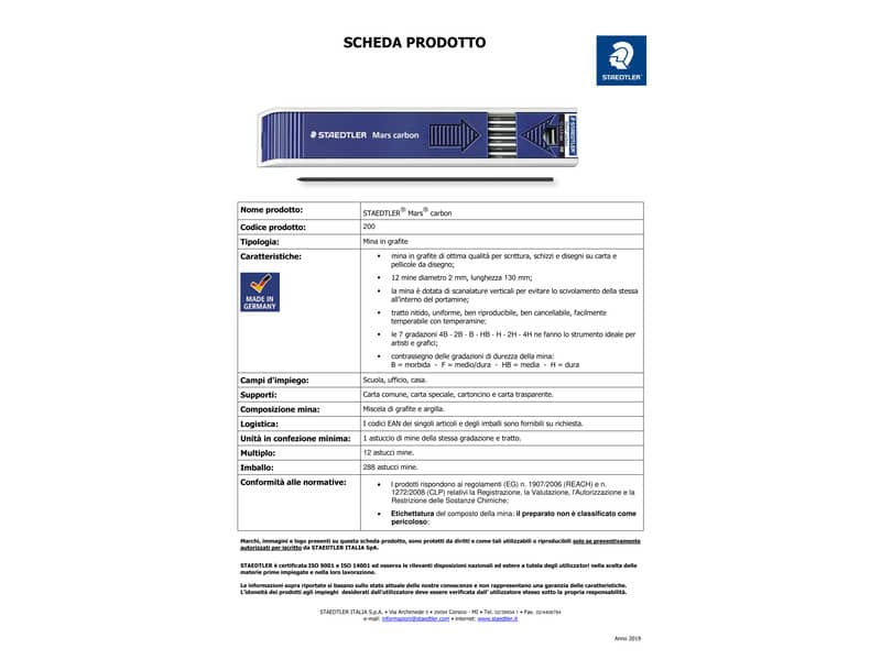 Mine Staedtler Mars Carbon 200 2H  astuccio da 12 - 200-2H