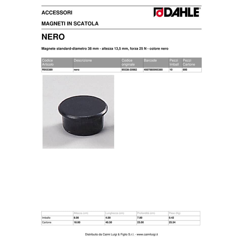 Magneti Dahle rotondi Ø 38 mm nero altezza 13,5 mm - forza 25 N - conf. 10 pezzi - R955389x10