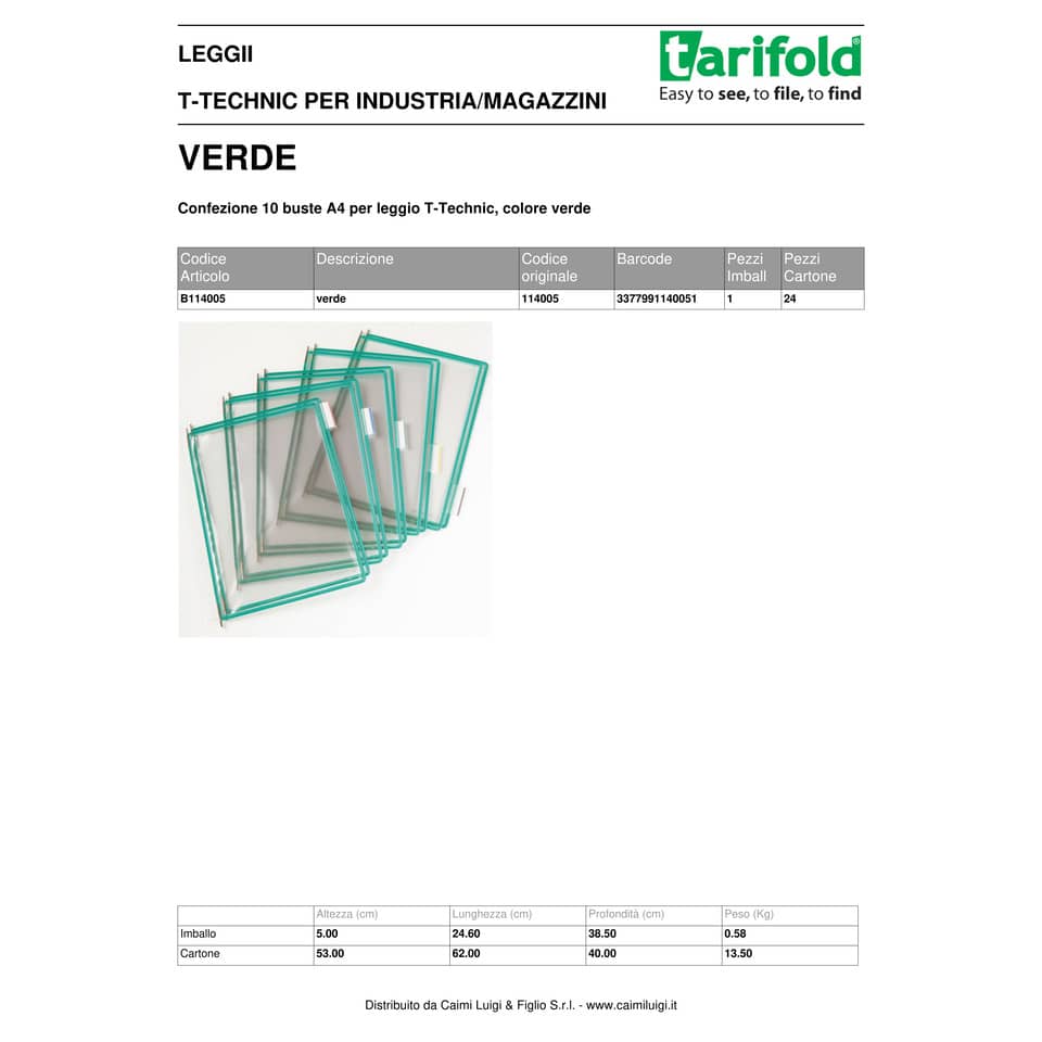 Buste per leggio Tarifold® T-Technic A4 verde - PVC bordo rinforzato Conf. 10 pezzi - 114005