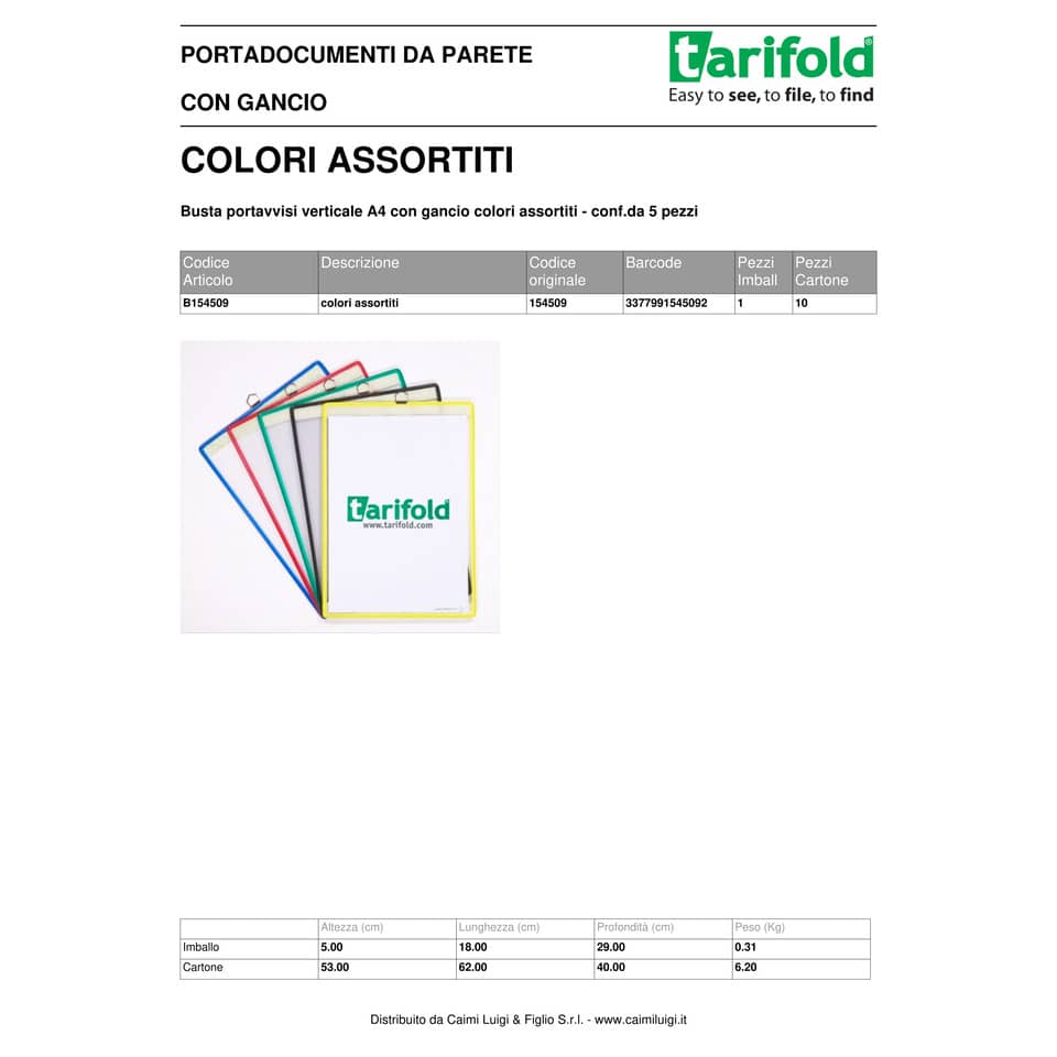 Buste portavvisi Tarifold® T-Technic - con gancio A4 assortito conf. 5 buste - 154509
