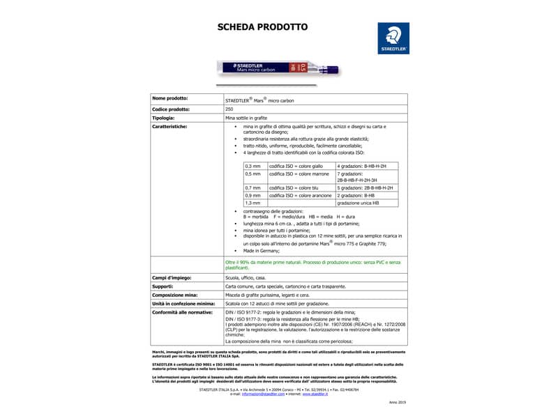 Mine sottili Staedtler Mars micro carbon 250 H 0,3 mm confezione da 12 pezzi - 250 03-H