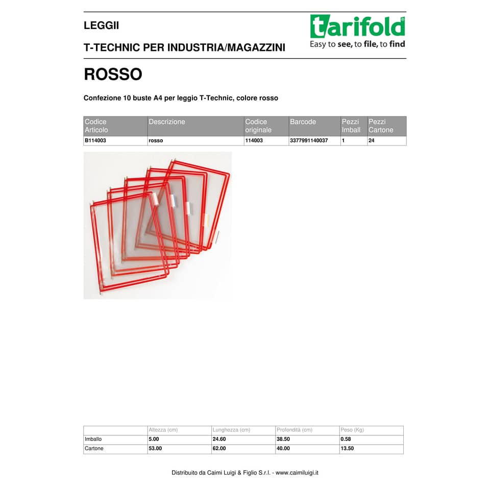 Buste per leggio Tarifold® T-Technic A4 rosso - PVC bordo rinforzato Conf. 10 pezzi - 114001