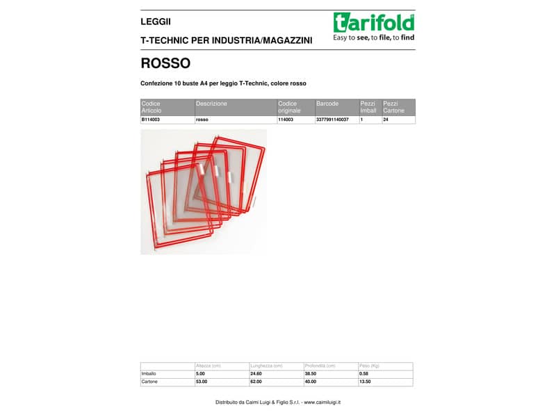 Buste per leggio Tarifold® T-Technic A4 rosso - PVC bordo rinforzato Conf. 10 pezzi - 114001