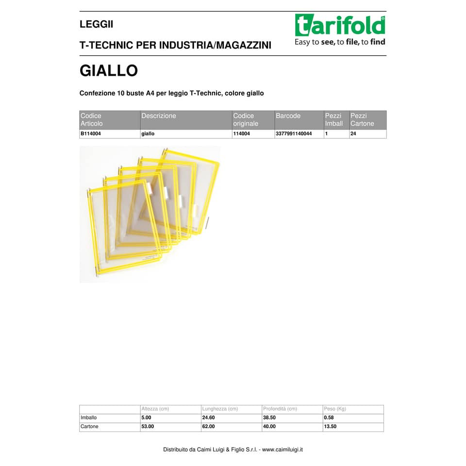 Buste per leggio Tarifold® T-Technic A4 giallo - PVC bordo rinforzato Conf. 10 pezzi - 114004