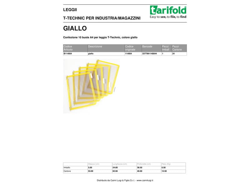 Buste per leggio Tarifold® T-Technic A4 giallo - PVC bordo rinforzato Conf. 10 pezzi - 114004