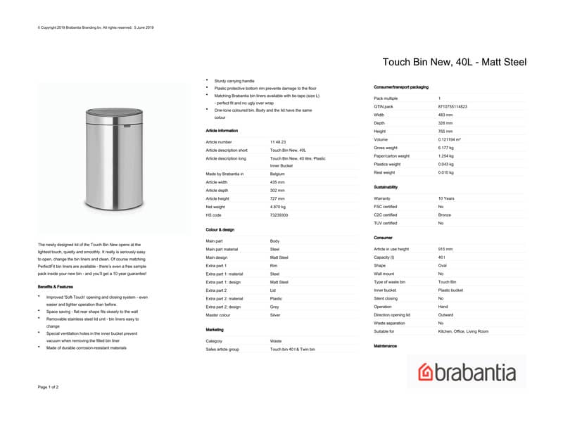 Pattumiera Brabantia Touch Bin New 30,2x43,5x72,7 cm 40 litri Inox Satinato - 114823