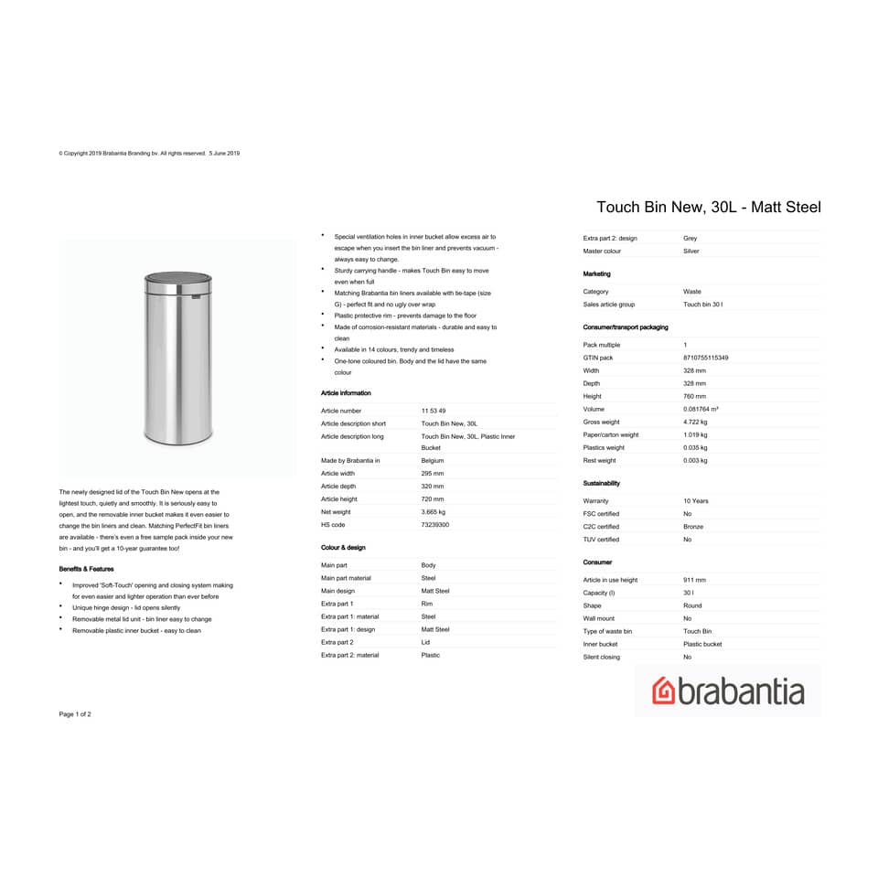 Pattumiera Brabantia Touch Bin New 29,5x32x72 cm 30 litri Inox Satinato - 115349