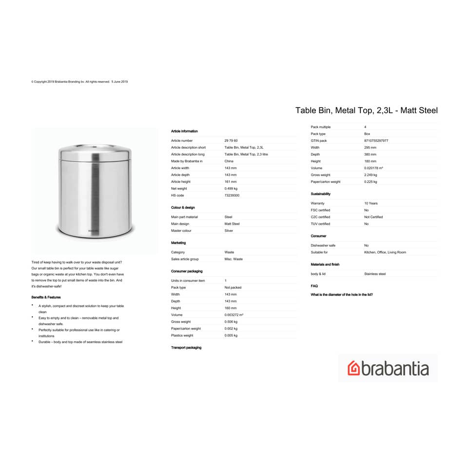 Pattumiera da tavolo Brabantia Table Bin 2,3L 14,3x14,3x16,1 cm Inox Satinato 297960