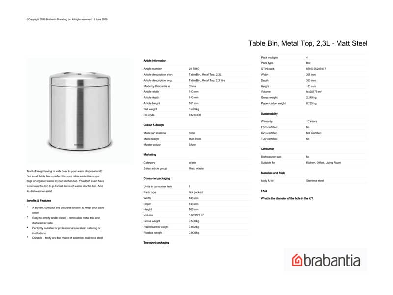 Pattumiera da tavolo Brabantia Table Bin 2,3L 14,3x14,3x16,1 cm Inox Satinato 297960