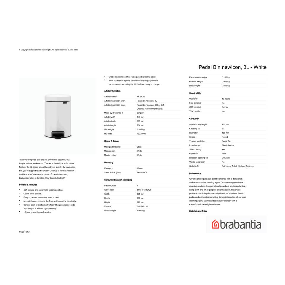 Pattumiera a pedale Brabantia Pedal Bin New Icon 16,5x23,5x26,5 cm bianco 3 litri - 112126