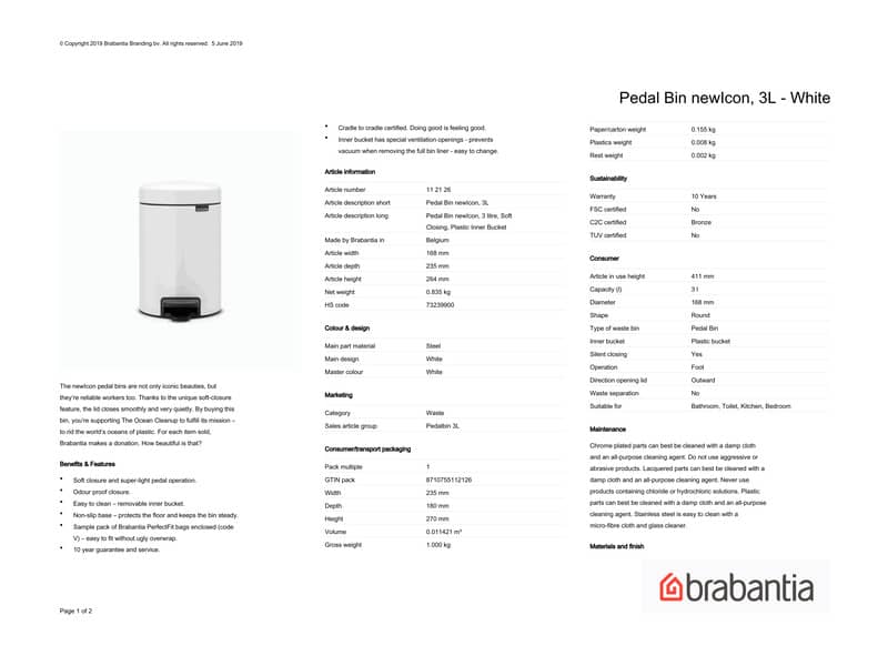 Pattumiera a pedale Brabantia Pedal Bin New Icon 16,5x23,5x26,5 cm bianco 3 litri - 112126