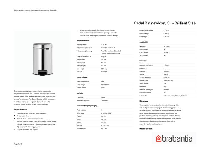 Pattumiera a pedale Brabantia Pedal Bin New Icon 3L 17x23,5x26,5 cm 3 litri Inox Lucido - 113147