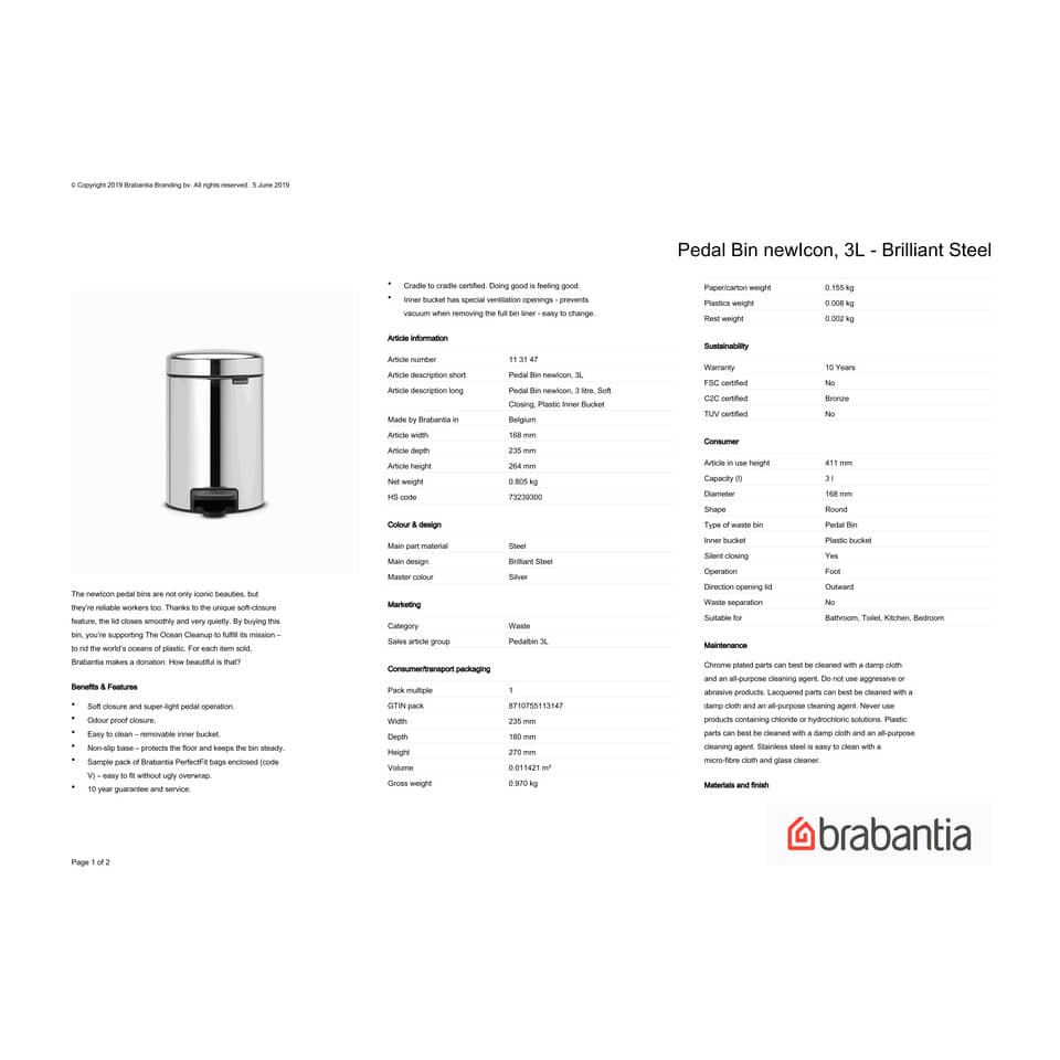 Pattumiera a pedale Brabantia Pedal Bin New Icon 3L 17x23,5x26,5 cm 3 litri Inox Lucido - 113147