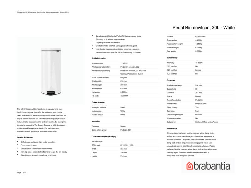 Pattumiera a pedale Brabantia Pedal Bin New Icon 30x38x68 cm bianco 30 litri 111785