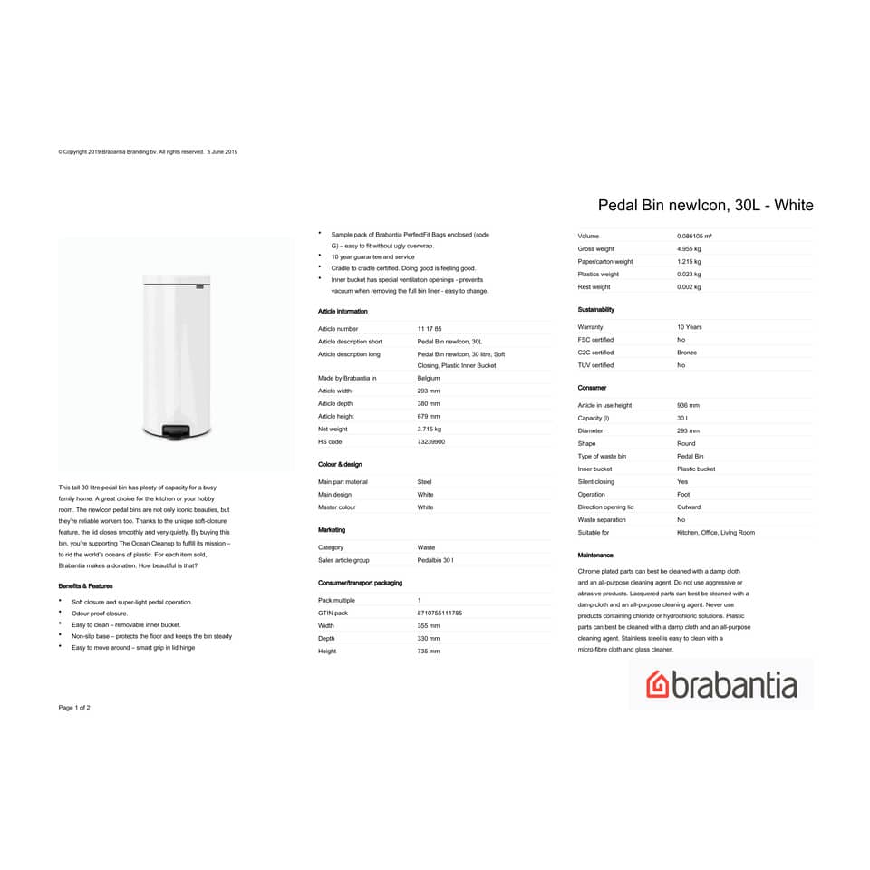Pattumiera a pedale Brabantia Pedal Bin New Icon 30x38x68 cm bianco 30 litri 111785