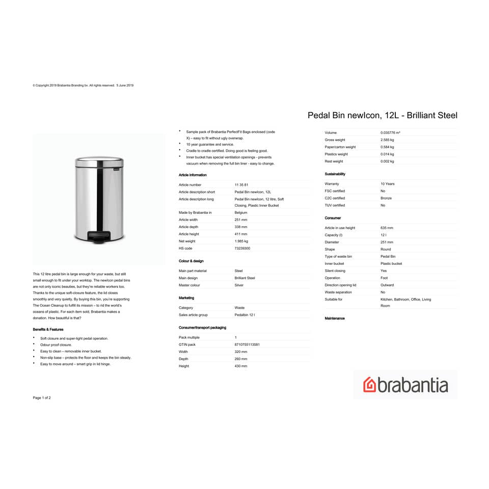 Pattumiera a pedale Brabantia Inox New Icon 12L 24x32,5x40 cm 12 litri Inox Lucido - 113581