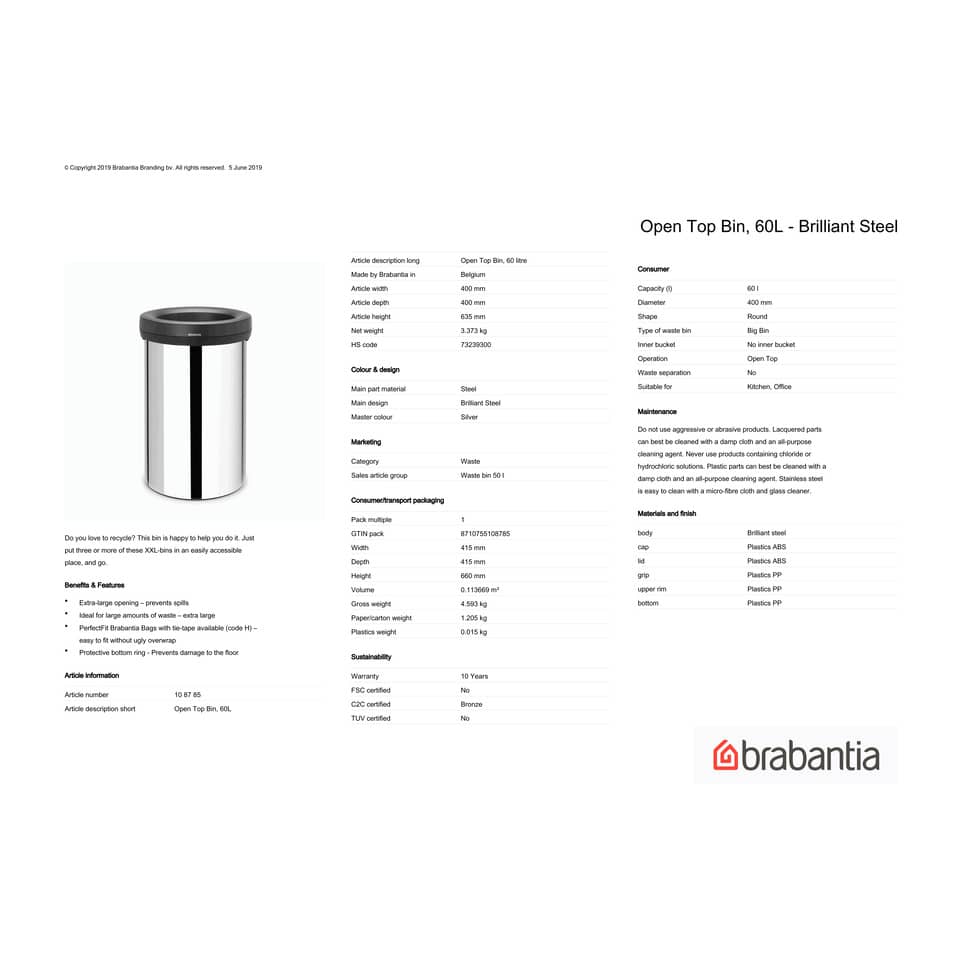 Pattumiera Brabantia Open Top Bin 60 L 40x40x65 cm Inox Lucido 108785