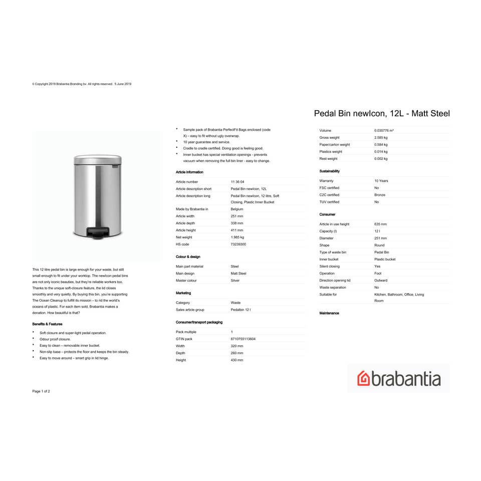 Pattumiera a pedale Brabantia Pedal Bin New Icon 24x32,5x40 cm Inox Satinato 12 litri - 113604