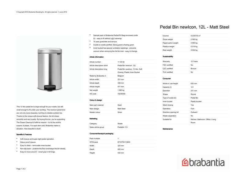 Pattumiera a pedale Brabantia Pedal Bin New Icon 24x32,5x40 cm Inox Satinato 12 litri - 113604