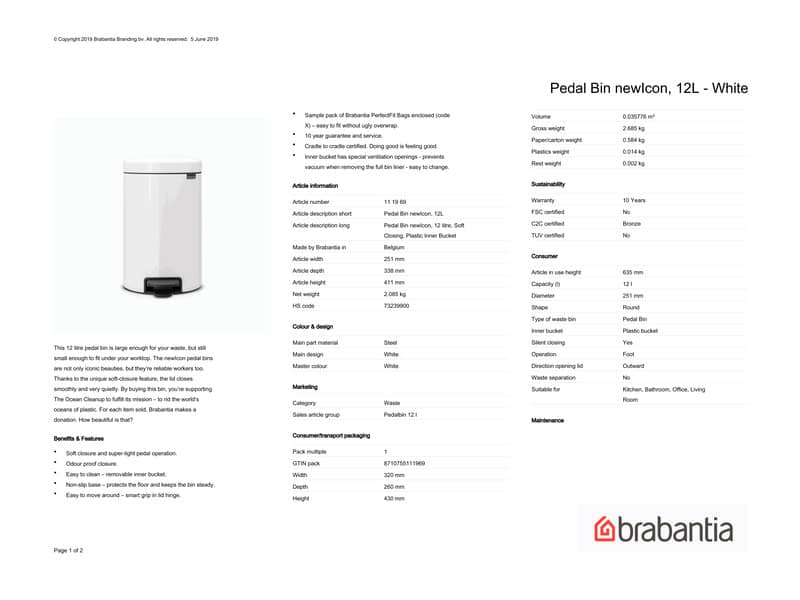 Pattumiera a pedale Brabantia Pedal Bin New Icon 24x32,5x40 cm bianco 12 litri 111969