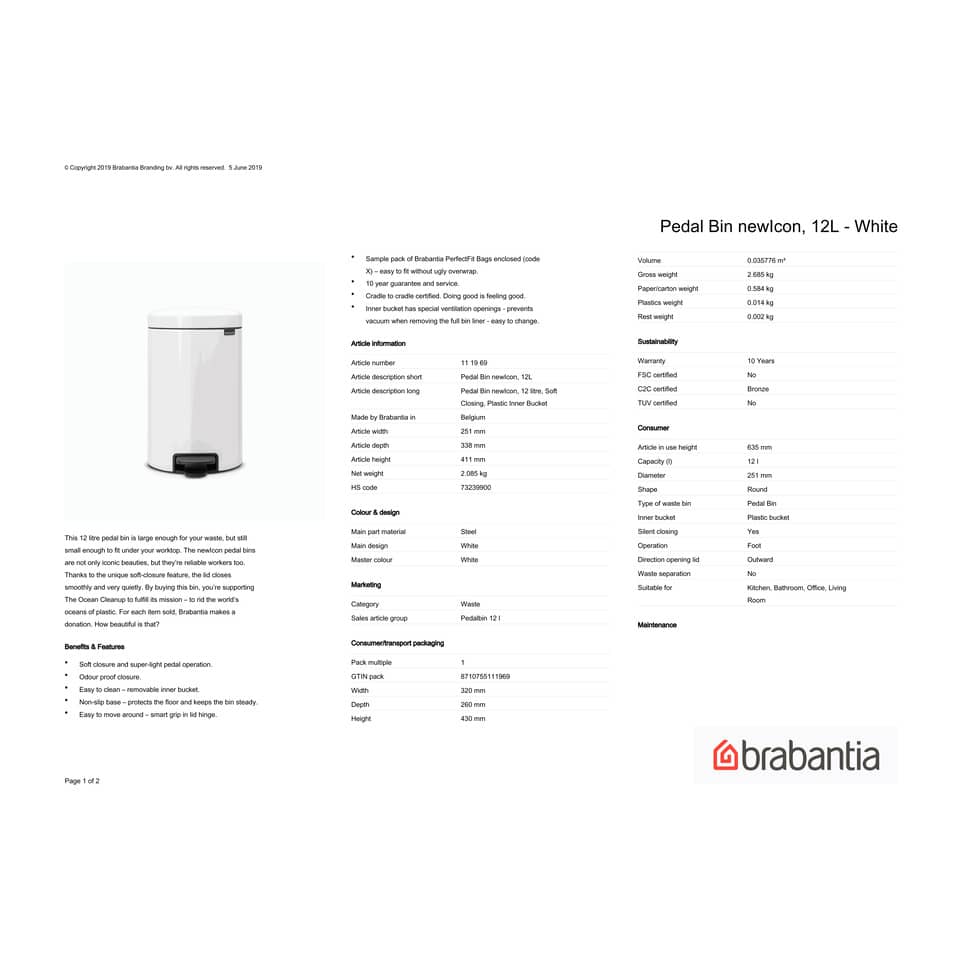 Pattumiera a pedale Brabantia Pedal Bin New Icon 24x32,5x40 cm bianco 12 litri 111969