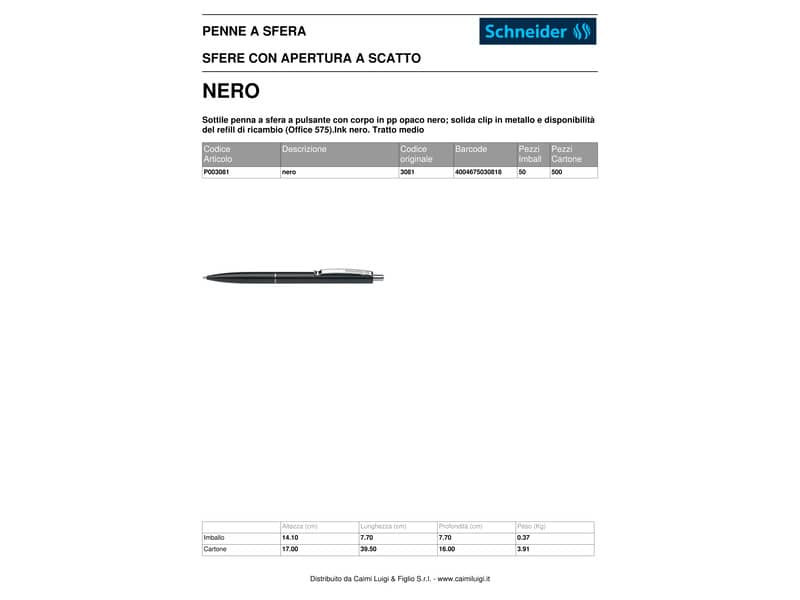 Penna a sfera a scatto Schneider K 15 ricaricabile tratto M nero Conf. 50 pezzi - 3081